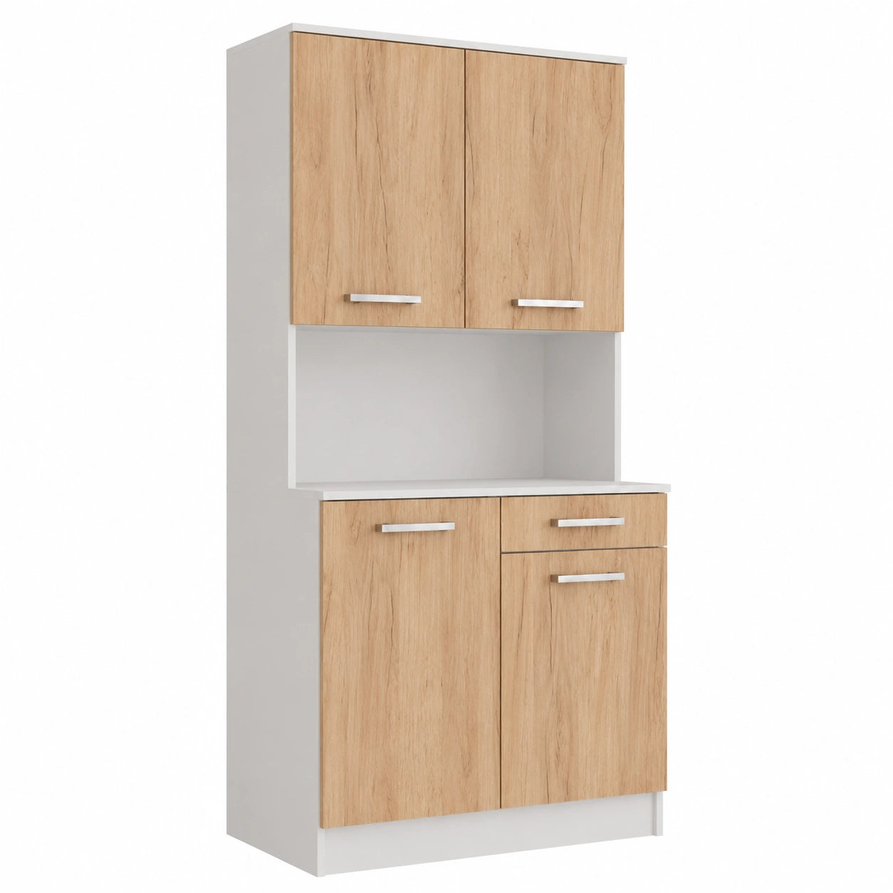 Credenza da Cucina Vicco Raul in Rovere Bianco e Dorato, 4 Ante e 1 Cassetto, 83.6x188.5 cm, Ripiano Aperto per Dispositivi