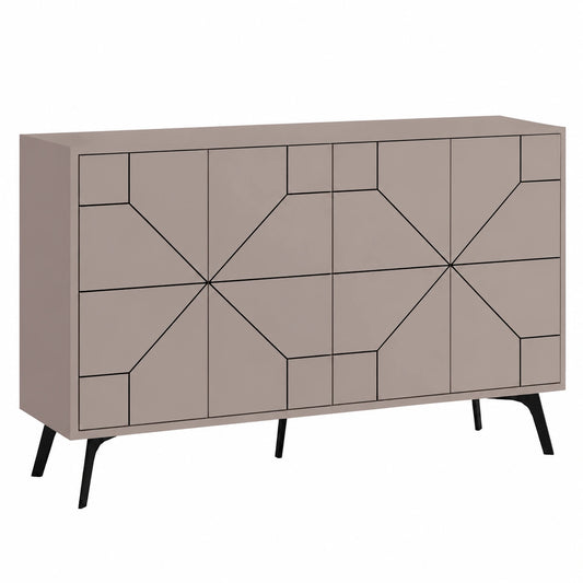 Credenza Moderna in Legno con Design Geometrico a 4 Ante, Mobile Salvaspazio per Casa e Ufficio, 123 x 35 x 77 cm, Colore Tortora