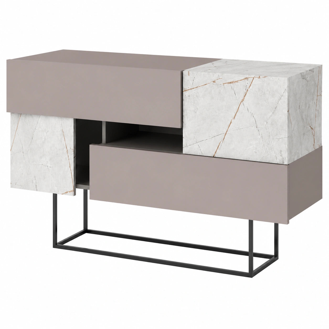 Credenza Moderna per Ingresso, Camera, Soggiorno e Ufficio, 2 Ante e 2 Cassetti, Salvaspazio con Chiusura Soft Close, 145x40x82 cm, Finitura Tortora e Marmo Bianco