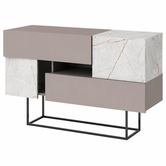 Credenza Moderna per Ingresso, Camera, Soggiorno e Ufficio, 2 Ante e 2 Cassetti, Salvaspazio con Chiusura Soft Close, 145x40x82 cm, Finitura Tortora e Marmo Bianco