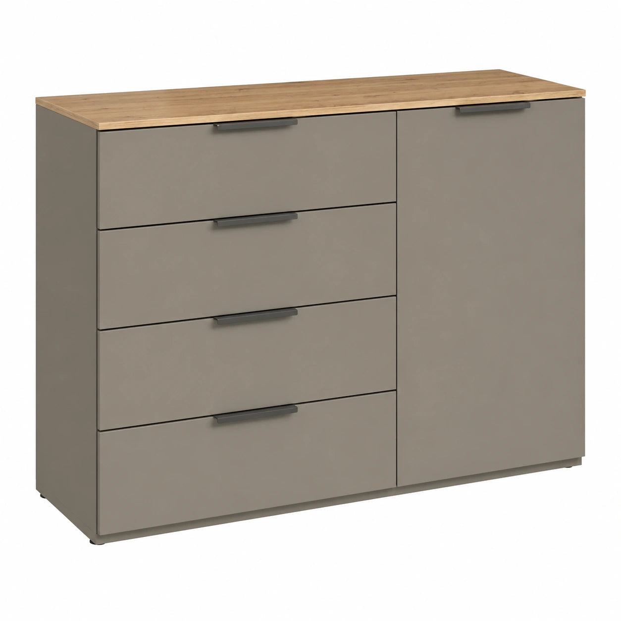 Credenza Moderna GALAVERNA con 1 Anta e 4 Cassetti, 120x80,9x44,4 cm, Grigio Titanio e Rovere Mielato, Prodotta in Italia