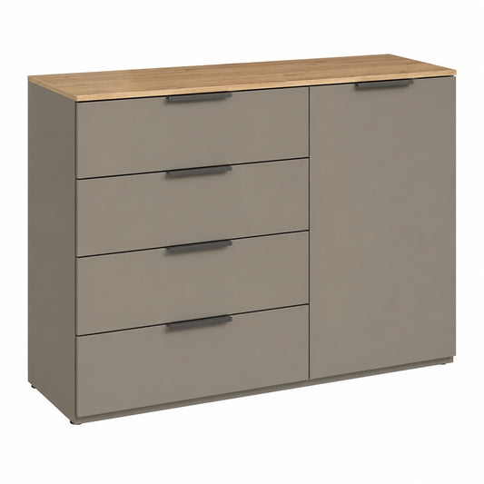 Credenza Moderna GALAVERNA con 1 Anta e 4 Cassetti, 120x80,9x44,4 cm, Grigio Titanio e Rovere Mielato, Prodotta in Italia