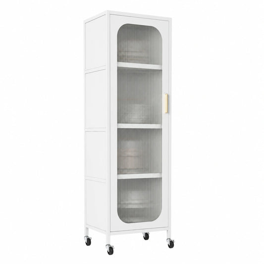 Carrello Cucina con 5 Ripiani Regolabili e Ruote, Credenza Salvaspazio in Metallo con Porta Semitrasparente, Organizzatore Multifunzionale per Sala Pranzo e Soggiorno (Bianco)