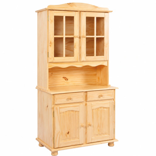 Credenza Rustica Alicante in Pino Massiccio Verniciato, Naturale, 88x43x198 cm, 4 Porte Vetrina