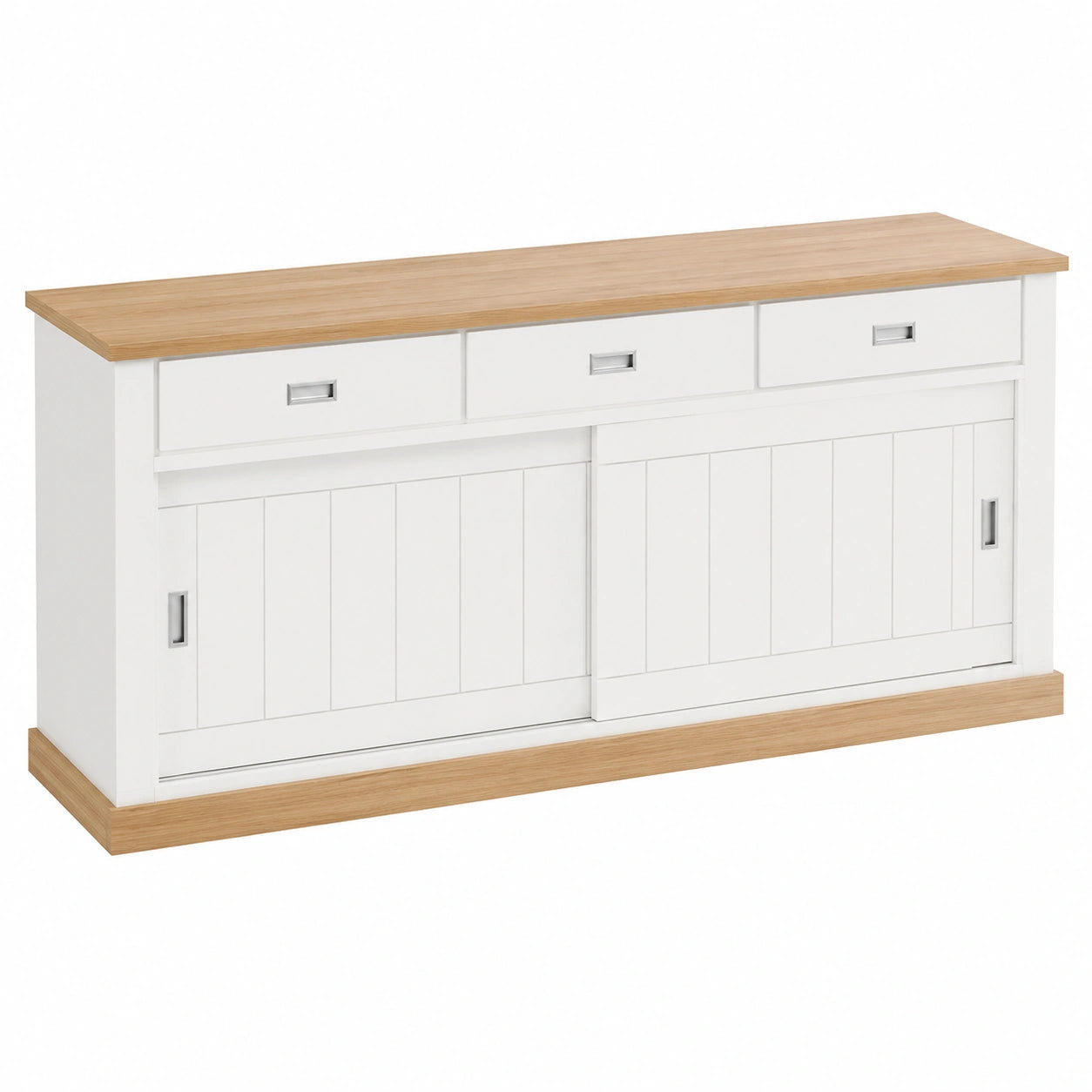 Credenza Moderna in Legno con Cassetti e Ante Scorrevoli per Soggiorno e Cucina, 220 x 50 x 95 cm, Bianco e Rovere