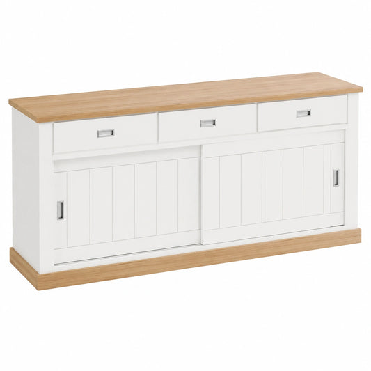 Credenza Moderna in Legno con Cassetti e Ante Scorrevoli per Soggiorno e Cucina, 220 x 50 x 95 cm, Bianco e Rovere