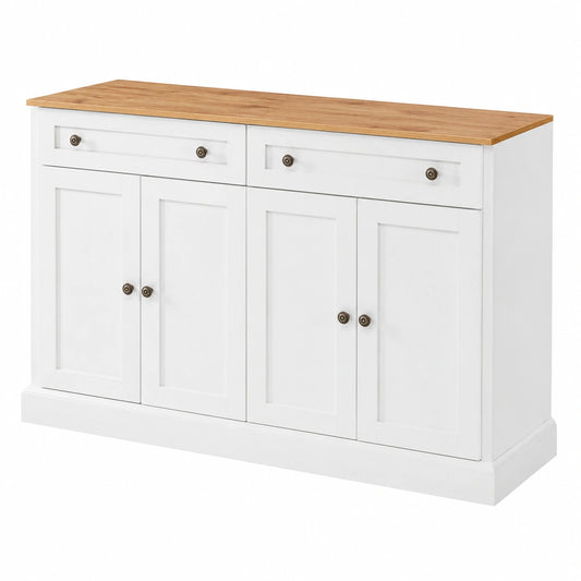 Credenza Moderna con 4 Ante e 2 Cassetti, Bianco Antico e Naturale, 150x40x86 cm