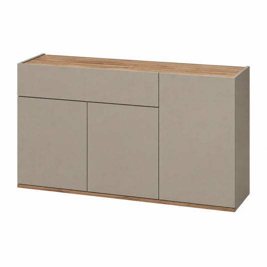 Madia Moderna GARDA per Soggiorno, 1 Cassetto e 3 Ante, Design Legno Tortora e Rovere, 120x35x70 cm