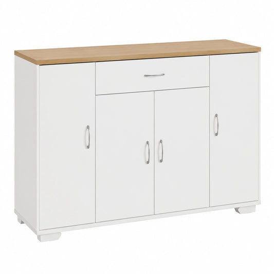 Madia Moderna Bianco e Rovere con Cassetto e 4 Ante, Mobile Sottile Salvaspazio per Cucina e Soggiorno, 110x30x70cm