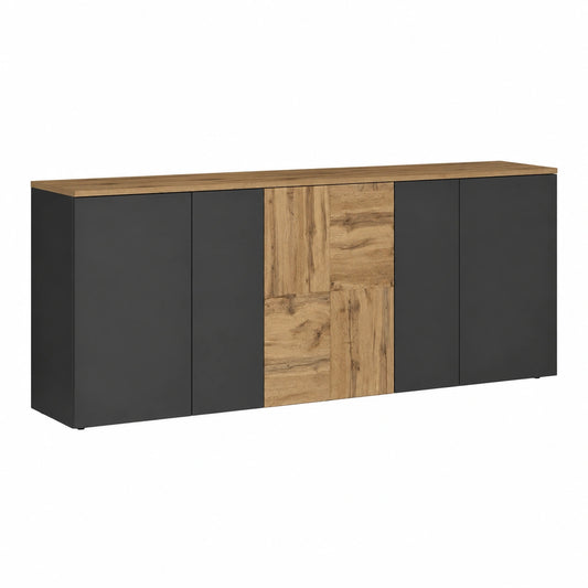 Credenza Moderna ISEO con 5 Ante, Madia in Legno per Soggiorno, Cucina e Pranzo, Antracite Opaco e Rovere, 200x35x70