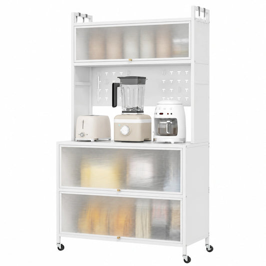 Credenza Cucina con Ruote, Dispensa Multiuso con Ganci e Ripiani in Metallo, Mobile Buffet Bianco